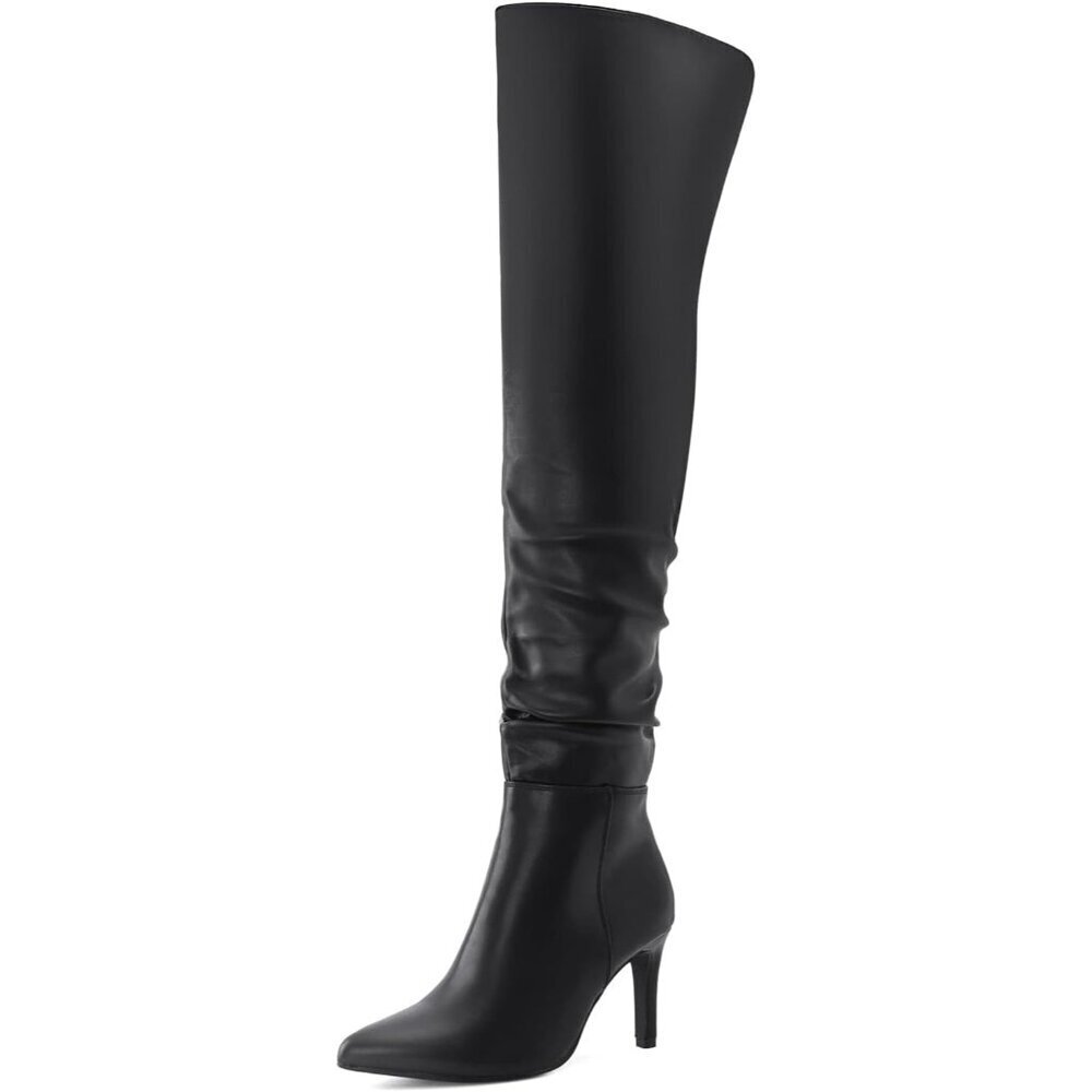 Women Pu Black Polyurethane Over The Knee Stiletto Heel Pointed Toe Long Boot